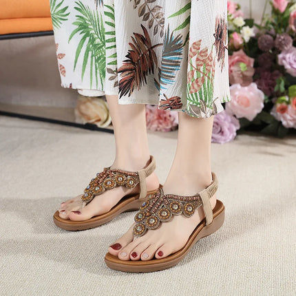 New 2026 Women's Summer Bohemian Style Sandals, Flip-Flop Design with Beaded and Rhinestone Buckle, Elastic Heel Strap, Comfortable Everyday Shoes
