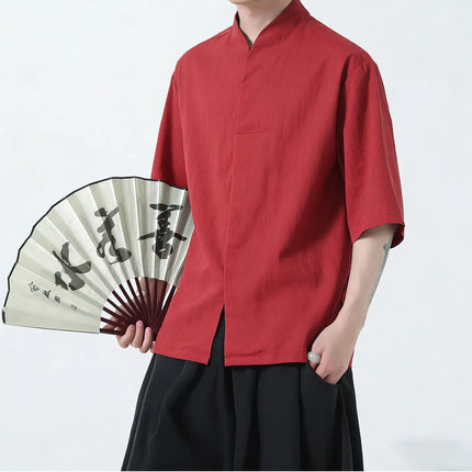 Camicie da uomo estive in lino di alta qualità, tinta unita, a maniche corte, stile cinese tradizionale, per Kung Fu e Tai Chi