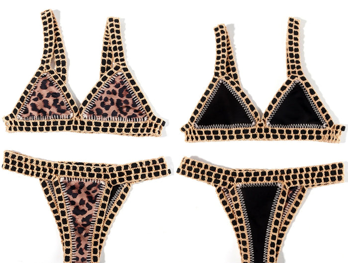 Set bikini reversibile leopardato fatto a mano all'uncinetto Set costumi da bagno neri a bordo piscina blu Paisley costume da bagno di lusso maillot de bain femme PlatiNum