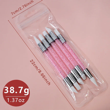 5Pcs/Set Pink Dual Ended Rhinestone Nail Art Silicone Pen Sculpture Pen/3D Flower Carving/Dotting Nail Tool 13cmManicure Brush
