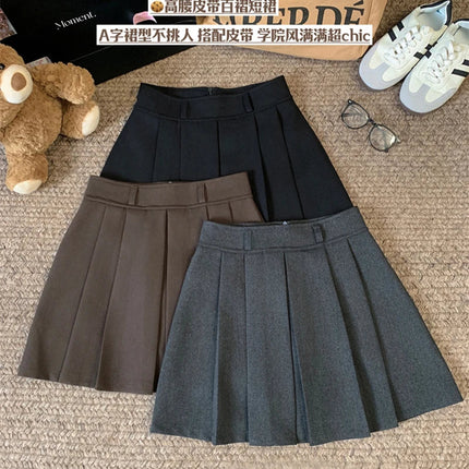 MEXZT Streetwear Woolen Mini Skirt Women Fashion Harajuku with Belt Black Pleated Skirts Fall Winter Preppy Korean A Line Faldas PlatiNum