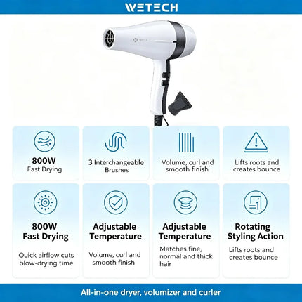 WETECH 2000W Professional Negative Ionic Hair Dryer Adjustable Temperature Speed Blow Dryer With Concentrator Nozzle Home Salon Hair Styling Tool 100-240V Dual Voltage