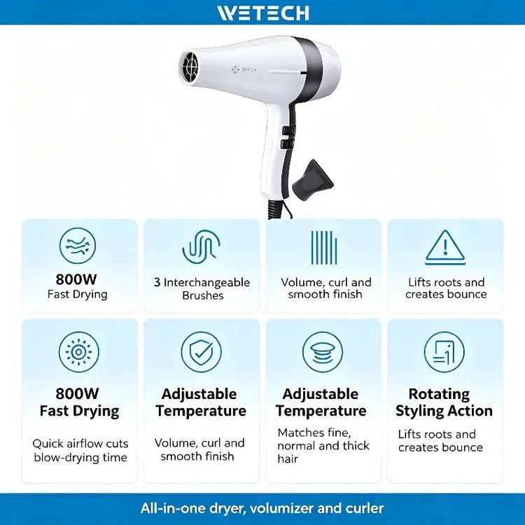 WETECH 2000W Professional Negative Ionic Hair Dryer Adjustable Temperature Speed Blow Dryer With Concentrator Nozzle Home Salon Hair Styling Tool 100-240V Dual Voltage