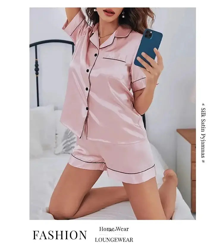Pigiama da donna in raso di seta estivo Set Top e pantaloncini abbottonati 2 pezzi indumenti da notte colletto dentellato indumenti da notte Loungewear per le donne platinumshop