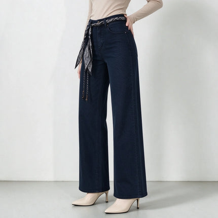 Women's Dark Blue Wide Leg Jeans, High Waist with Decorative Scarf Band, Comfortable Denim Urban Casual Style, All-Season Pants，Fx1338-7