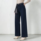 Women's Dark Blue Wide Leg Jeans, High Waist with Decorative Scarf Band, Comfortable Denim Urban Casual Style, All-Season Pants，Fx1338-7