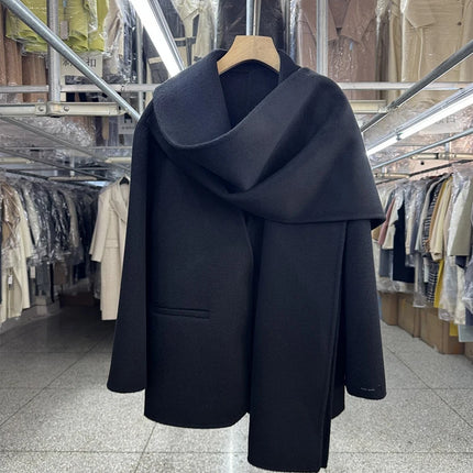 Scarf Collar 100%Wool Coat Women, Korean Fashion Elegant Outerwear, Loose Autumn Winter Jacket