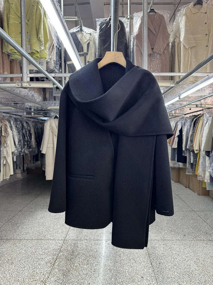 Scarf Collar 100%Wool Coat Women, Korean Fashion Elegant Outerwear, Loose Autumn Winter Jacket