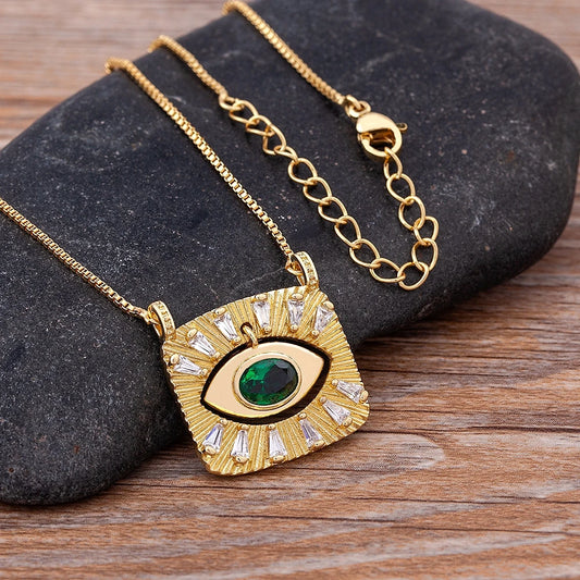 AIBEF Nuovo design creativo Zircone dorato Turco Evil Eye Collana con ciondolo quadrato Collana da donna Hip Hop Street Jewelry Party Regalo fortunato