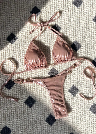 Micro Bikini Rosa Lucido da Donna, Sexy con Perle in PU, Push-Up, Perizoma, Costume da Bagno Estivo, con Lacci, per Vacanze PlatiNum