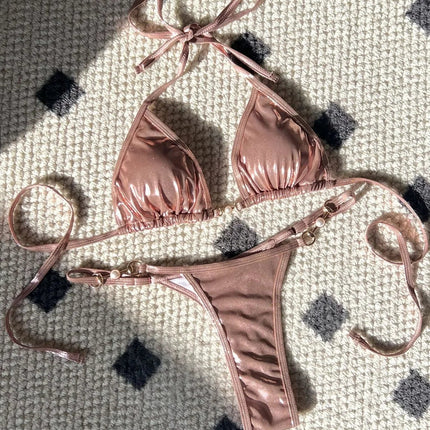 Micro Bikini Rosa Lucido da Donna, Sexy con Perle in PU, Push-Up, Perizoma, Costume da Bagno Estivo, con Lacci, per Vacanze PlatiNum