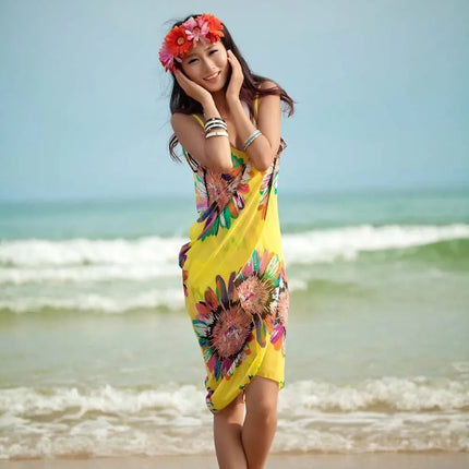Copricostumi stampati Abito da spiaggia sexy Donna Halter Sling Chiffon Asciugamano da spiaggia Bikini Wrap Pareo Gonne Costumi da bagno aperti sul retro platinumshop