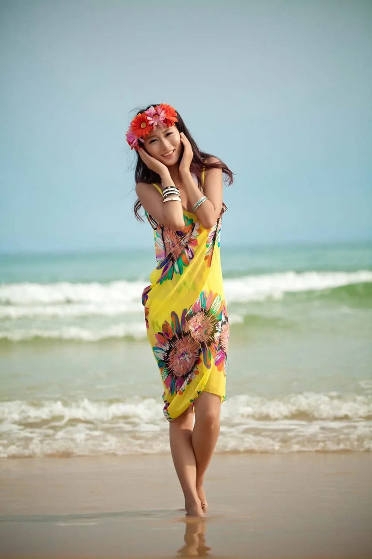 Copricostumi stampati Abito da spiaggia sexy Donna Halter Sling Chiffon Asciugamano da spiaggia Bikini Wrap Pareo Gonne Costumi da bagno aperti sul retro platinumshop