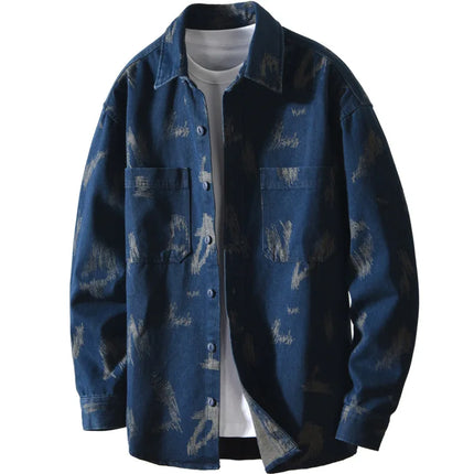 T795 Men's Long Sleeve Denim Casual Shirt for Autumn Winter Fashion Loose Relaxed Fit Vintage Flower Print Denim Jackets Male