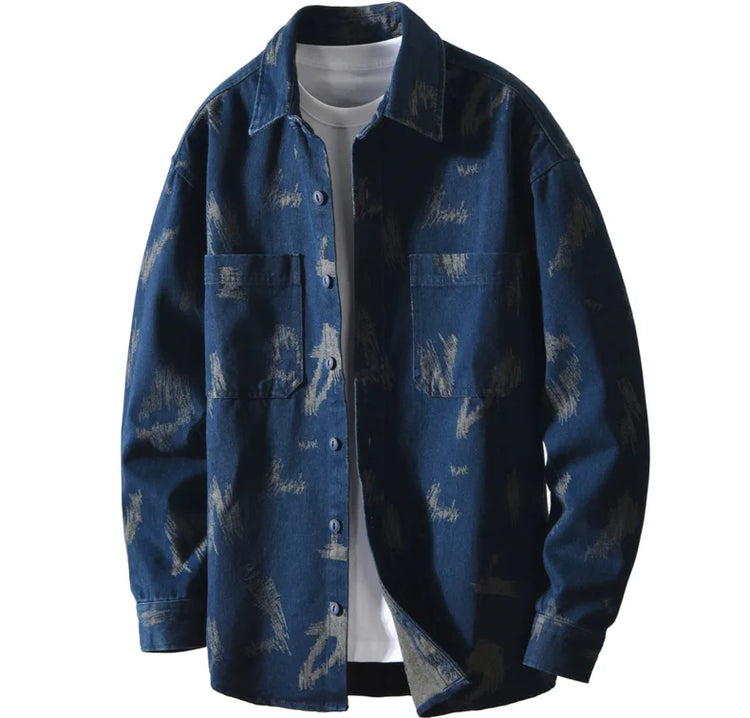 T795 Men's Long Sleeve Denim Casual Shirt for Autumn Winter Fashion Loose Relaxed Fit Vintage Flower Print Denim Jackets Male