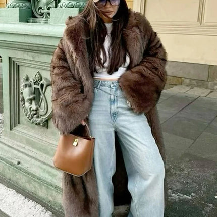 ZADORIN 120cm Super Long Luxury Winter Brown Faux Fur Coat Woman Elegant Belted Lapel Thick Fluffy Fur Jacket High Quality Coats