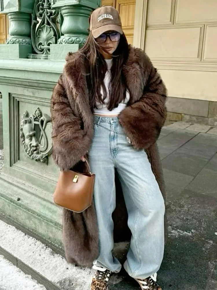 ZADORIN 120cm Super Long Luxury Winter Brown Faux Fur Coat Woman Elegant Belted Lapel Thick Fluffy Fur Jacket High Quality Coats