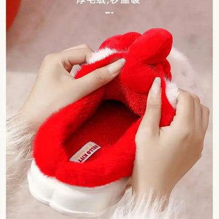 Women Cute Hello Kitty Thick Platform Plush Slippers Warm Fuzzy Non-Slip Bowknots Winter Indoor Bedroom Cozy Fluffy House Slides