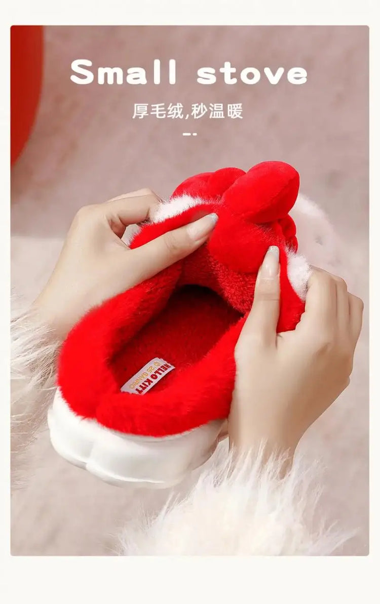Women Cute Hello Kitty Thick Platform Plush Slippers Warm Fuzzy Non-Slip Bowknots Winter Indoor Bedroom Cozy Fluffy House Slides