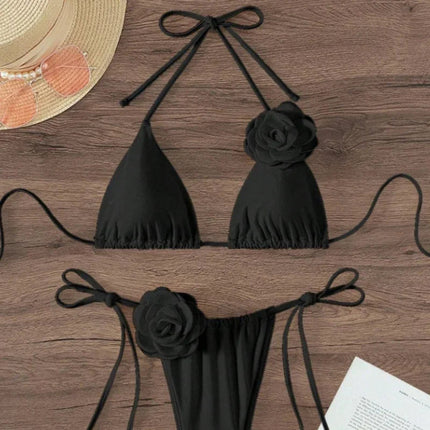 Bikini Sexy con Fiori 3D e Lacci Sulla Schiena, Costume da Bagno Femminile Due Pezzi, Set Bikini, Abbigliamento da Spiaggia, Taglie S-L PlatiNum