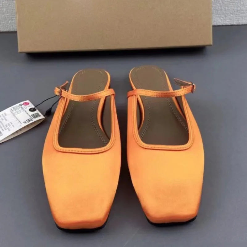 2025 Summer Mules Shoes for Women Luxury Slik Fashion Solid Square Toe Casual Lady Flat Sandals New Design Slingback Footwear