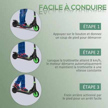 Monopattino elettrico pieghevole per bambini dai 6 anni in su, velocità 8 km/h, 71x36.5x75-80cm, alluminio, acciaio, verde