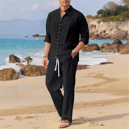 Men's Retro Cotton And Linen Set, Spring And Autumn Fashion Stand-up Collar Pocket Long Pants Long-sleeved Two-piece set PlatiNum
