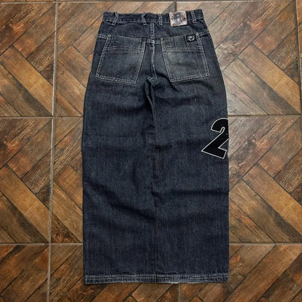 Jeans in denim lavato con ricamo a lettere stile Y2K, tasche grandi, vestibilità ampia, per donna, retrò, high street, trendy, hip hop, wild, a gamba larga