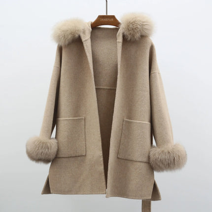 MISSJANEFUR Wool Coat with Real Fox Fur Collar Cuff Women Fashion Belted Cashmere Coats Warm Winter Hooded Trench Peacoat