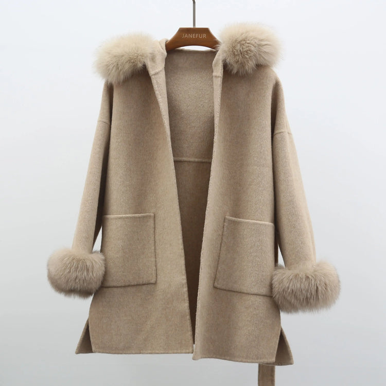 MISSJANEFUR Wool Coat with Real Fox Fur Collar Cuff Women Fashion Belted Cashmere Coats Warm Winter Hooded Trench Peacoat