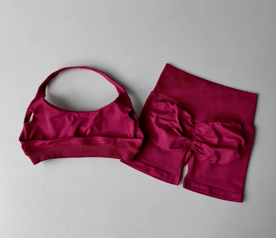 2PCs Peach High Waist Belly Hip Lifting Sports Bras Shorts Suit Gathering Shock-proof Neck Halter Yoga Suit Running Fitness Set