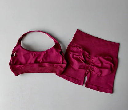 2PCs Peach High Waist Belly Hip Lifting Sports Bras Shorts Suit Gathering Shock-proof Neck Halter Yoga Suit Running Fitness Set