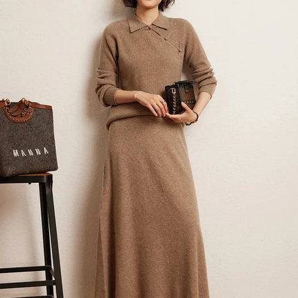 Korean Long Skirt Women's Wave Skirt 100% Cashmere Straight Skirt Knit Autumn Winter Skirt Warm Elegant Casual Knee Length Dress PlatiNum