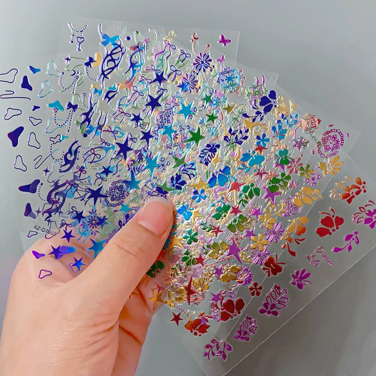 12Pcs 3D Rainbow Bowknot Star Geometry Lines Nail Stickers Love/Frame/Flower Self-Adhesive Nails Sliders 8*10cm Manicure Decals
