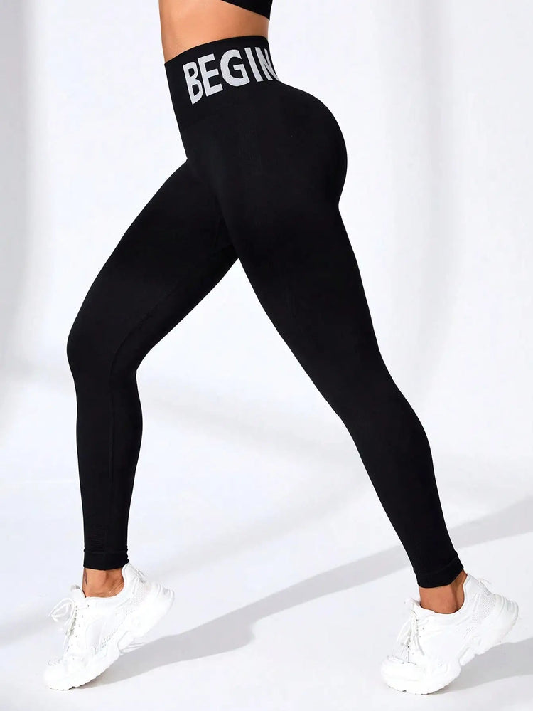 European and American Seamless Yoga Leggings with Waistband Lettering, Butt-Lifting, Quick-Dry Women's Breathable Tights for Pea PlatiNum