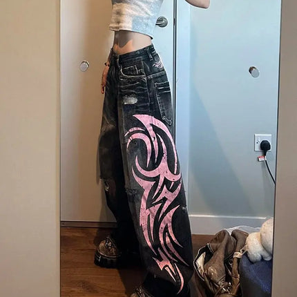 Women's Denim Jeans Wide Leg Long Pants High Waist Straight Hole Pants Y2k Streetwear Print Mom Jeans Casual Loose 2025