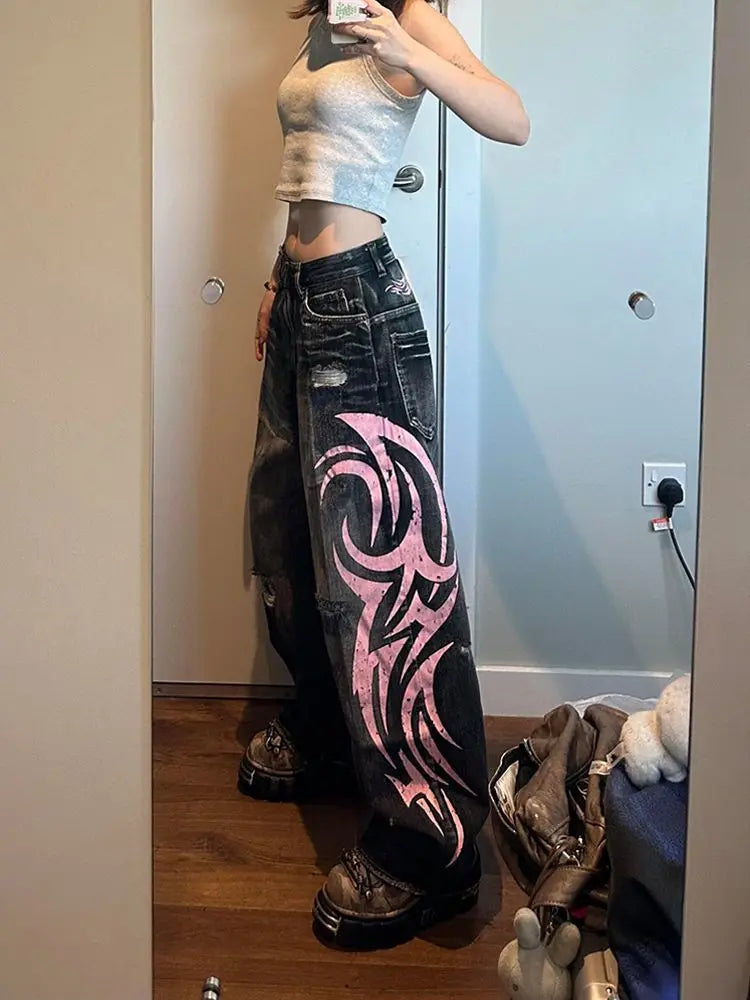 Pantaloni in denim Jeans da donna Pantaloni lunghi a gamba larga Pantaloni dritti a vita alta con foro Y2k Streetwear Stampa Jeans mamma Casual Allentati 2025
