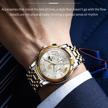 OLEVS Orologi al quarzo da uomo Orologi di marca in acciaio inossidabile Orologio sportivo impermeabile per uomo Cronografo con fasi lunari platinumshop