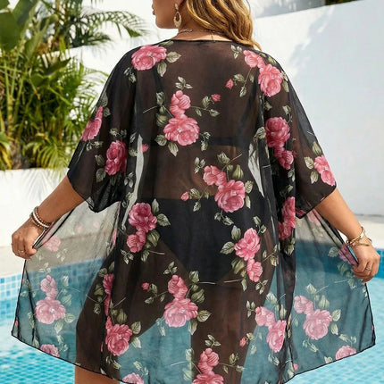 Cardigan da Spiaggia Plus Size da Donna con Ampia Stampa Floreale e Maniche a Pipistrello in Rete, Copricostume Sexy Trasparente e Morbido platinumshop