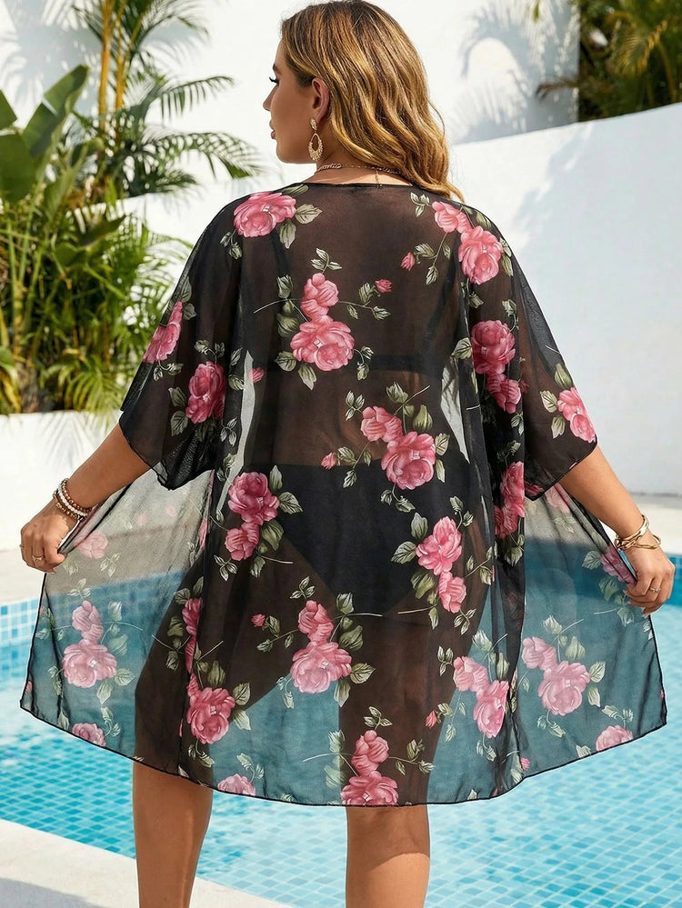 Cardigan da Spiaggia Plus Size da Donna con Ampia Stampa Floreale e Maniche a Pipistrello in Rete, Copricostume Sexy Trasparente e Morbido platinumshop
