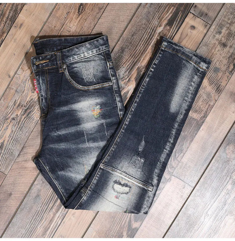 Fashion Streetwear Men Jeans Retro Black Blue Elastic Slim Fit Ripped Jeans Men Spliced Designer Embroidery Hip Hop Denim Pants PlatiNum
