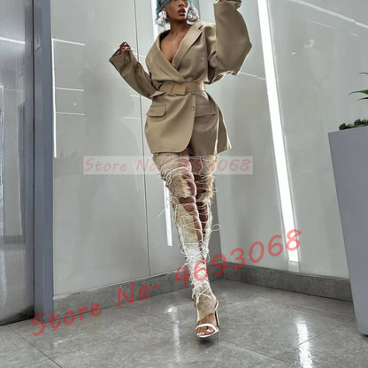 Fur Hide Lace Up Over Knee Sandals Women Wild Sexy Cross Tied High Heels Puttee Shoes Ladies Cutout Party Pointy Long Sandals