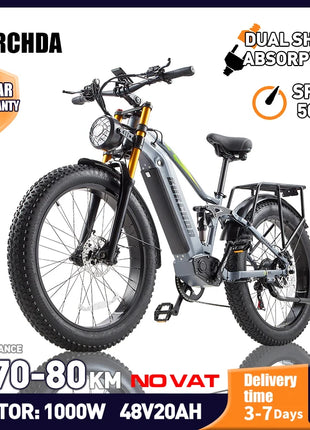 BURCHDA RX80 Bicicletta Elettrica per Adulti, Motore 1000W, Batteria 48V20AH960WH, E-bike con Pneumatici Fat da 26 Pollici per Tutti i Terreni, 45KM/H, E-Mountain Bike