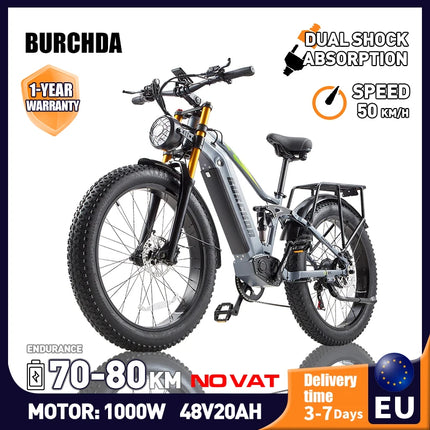 BURCHDA RX80 Bicicletta Elettrica per Adulti, Motore 1000W, Batteria 48V20AH960WH, E-bike con Pneumatici Fat da 26 Pollici per Tutti i Terreni, 45KM/H, E-Mountain Bike