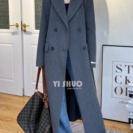 High-end White Thick Double-sided Wool Cashmere Coat Long Women Fashion Casual Loose Lapel Lace-up Woolen Jacket Autumn Winter
