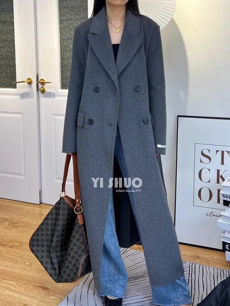 High-end White Thick Double-sided Wool Cashmere Coat Long Women Fashion Casual Loose Lapel Lace-up Woolen Jacket Autumn Winter