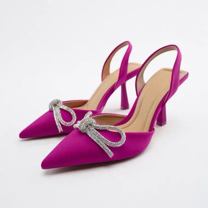 Décolleté blu Slingback da donna tacchi alti Crystal Bowknot Party Dress Shoes donna Sexy sandali con tacco a spillo a punta estate 2024