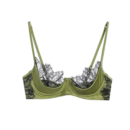 MOYISU No‑Wire French Lace Half‑Cup Bra Set Women Ultra‑Thin Transparent Green Lingerie, Daily Brassiere 32‑38 AB for Small Bust