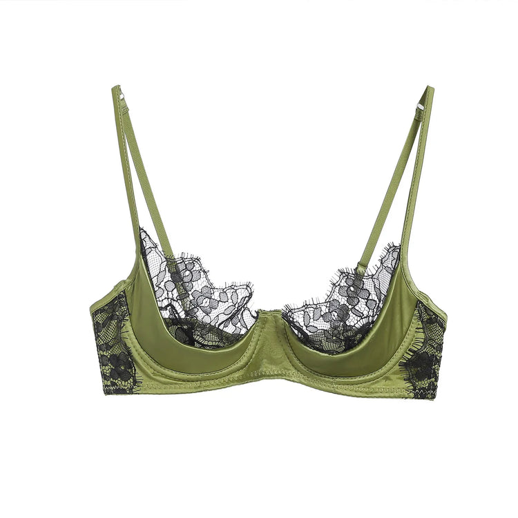 MOYISU No‑Wire French Lace Half‑Cup Bra Set Women Ultra‑Thin Transparent Green Lingerie, Daily Brassiere 32‑38 AB for Small Bust