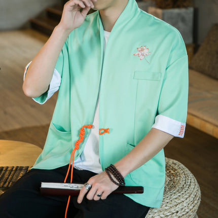 Nuova Camicia Giapponese da Samurai Ricamata in Cotone e Lino da Uomo, Vestibilità Ampia, Stile Retrò Tradizionale, Casual, Traspirante, Confortevole ed Elegante